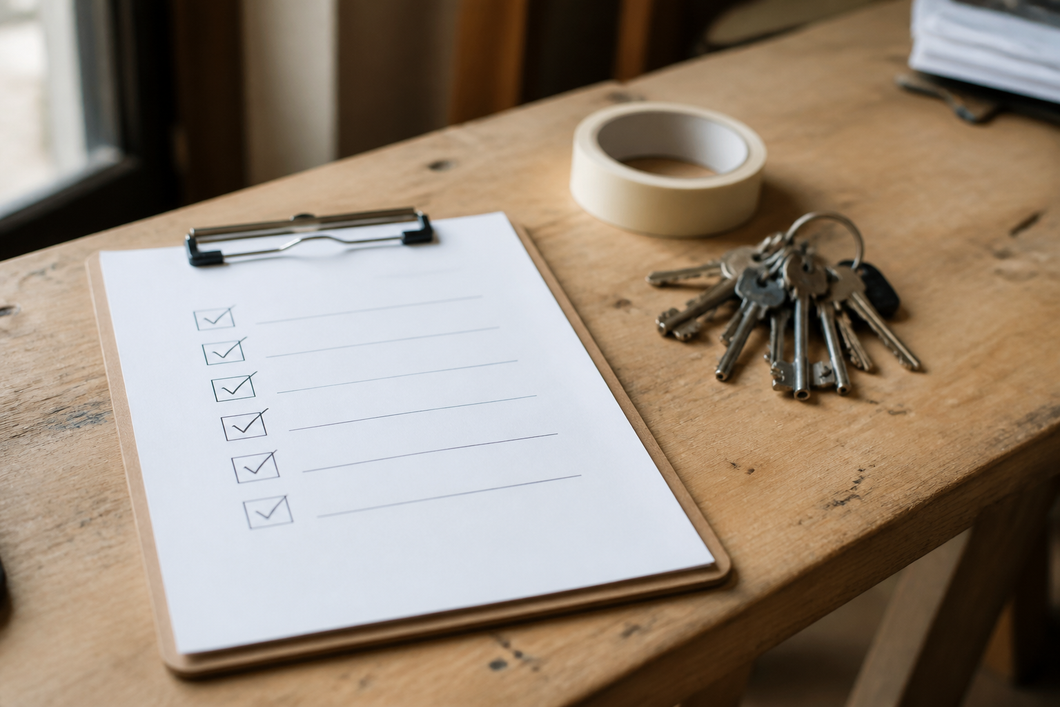 A clipboard holding a hand-ticked checklist resting on a trestle table beside a bunch of keys and a roll of tape