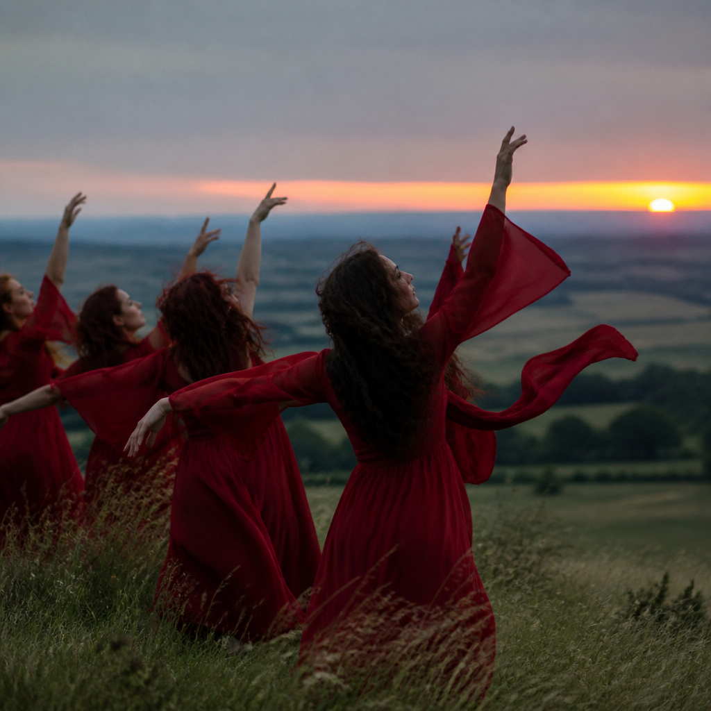 Dancers in red dresses on an open English hillside at dusk, arms raised in unison as the wind pulls at the fabric