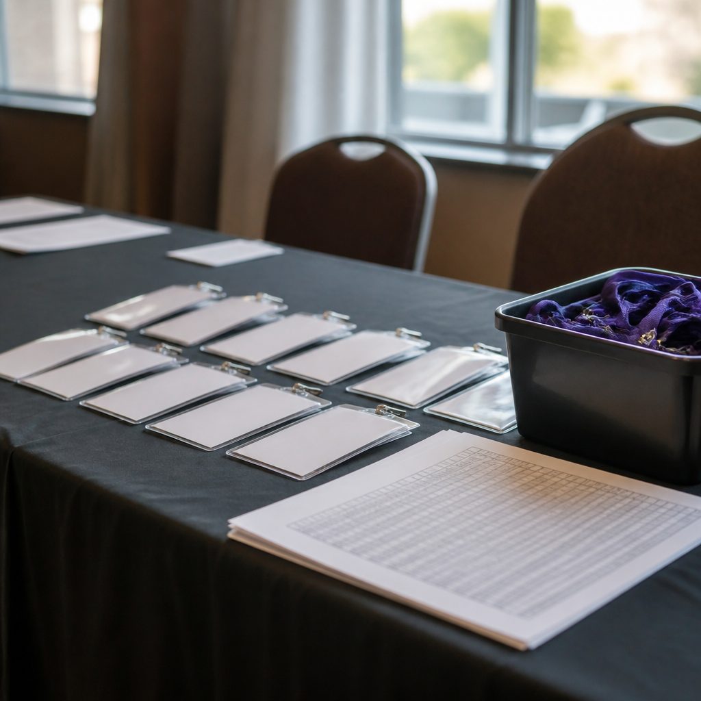 A community hall in the late afternoon, folding chairs stacked against a wall and daylight falling through tall windows onto a table of paper name badges,...