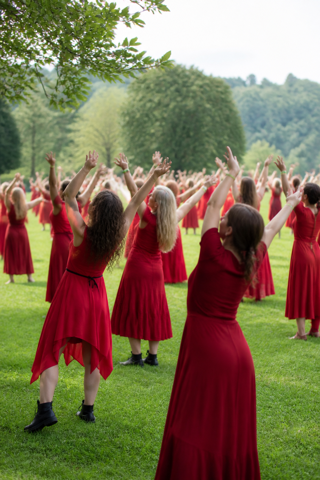 A wide park lawn filled with people in red dresses rehearsing a routine together on a bright summer morning
