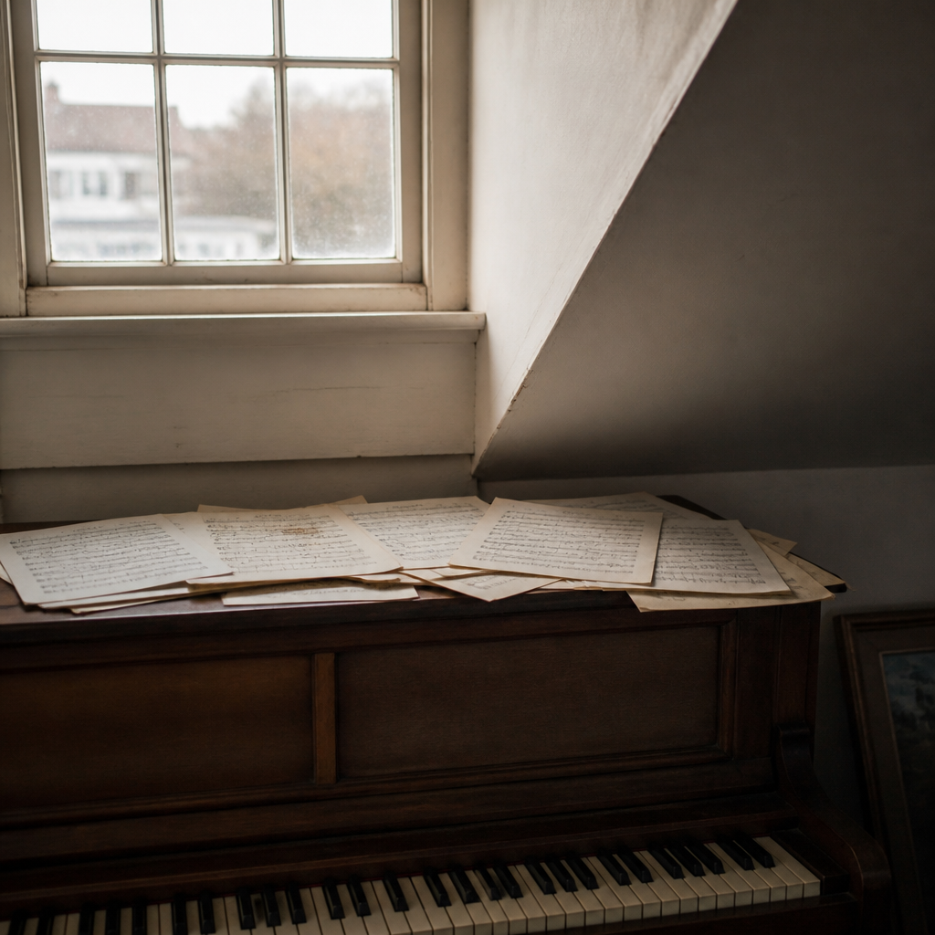 An old upright piano beneath a small attic window, handwritten pages of music scattered across the lid